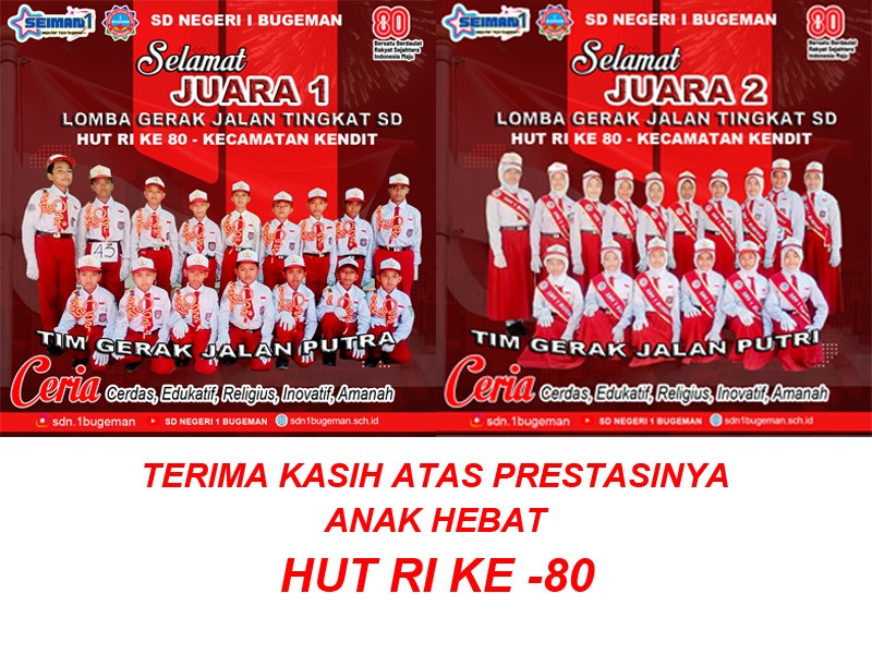 BERPRESTASI ! SD NEGERI I BUGEMAN MERAIH JUARA 1 LOMBA GERAK JALAN KATEGORI PUTRA DAN JUARA 2 KATEGORI PUTRI TINGKAT KECAMATAN KENDIT DALAM RANGKA HUT RI KE - 80